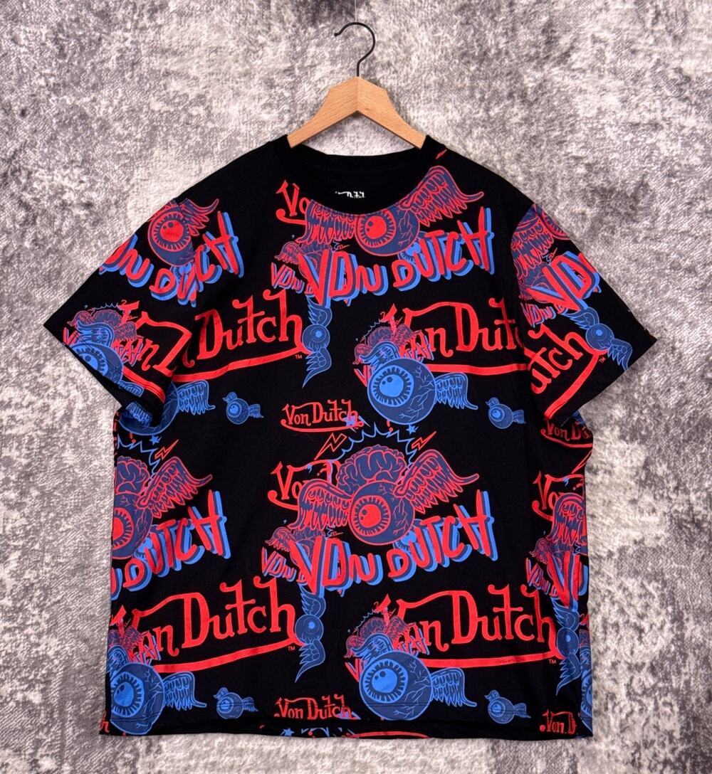 Von Dutch Shirt 2XL Mens All Over Print Collage Crewneck Short Sleeve